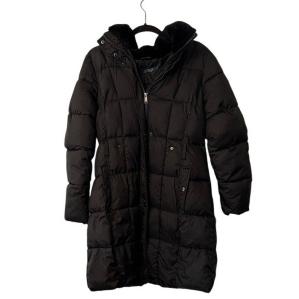 Ralph Lauren Black Puffer Coat Faux Fur Hood Parka Jacket Womens‎ M